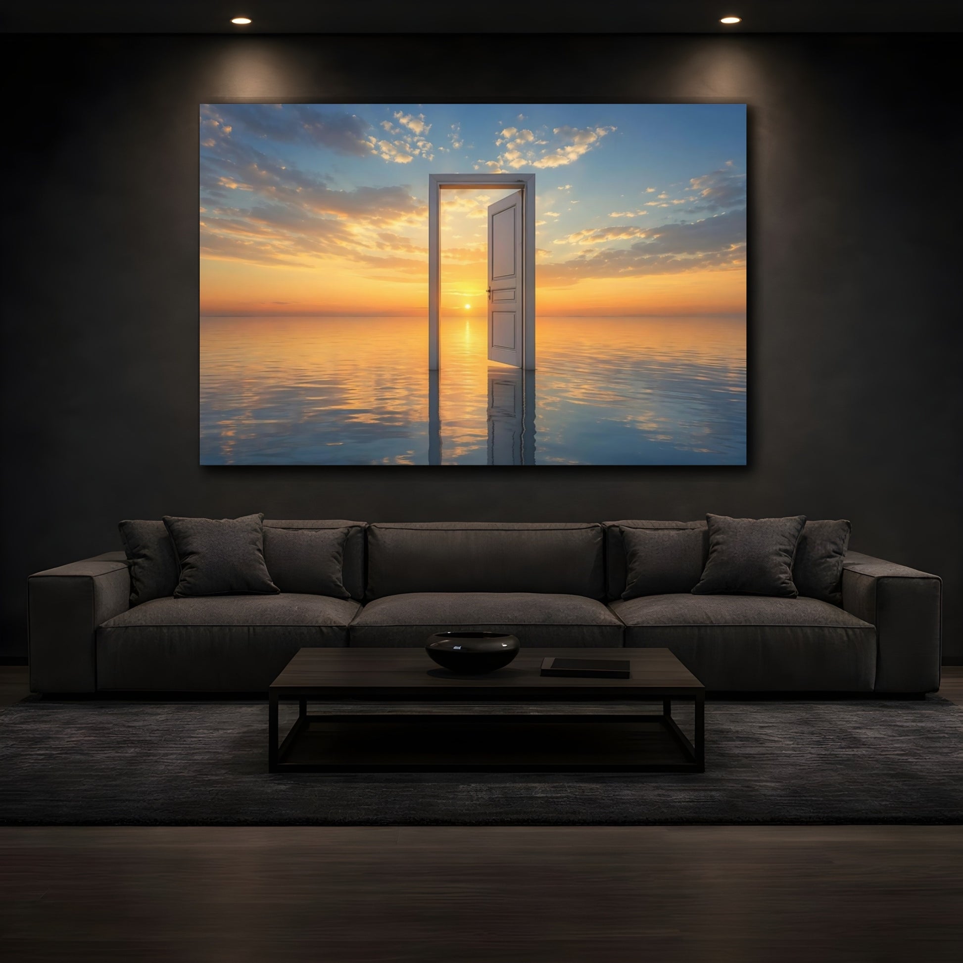 Mockup 3. Nature Open Door Orange And Blue shown as stretched canvas wall art