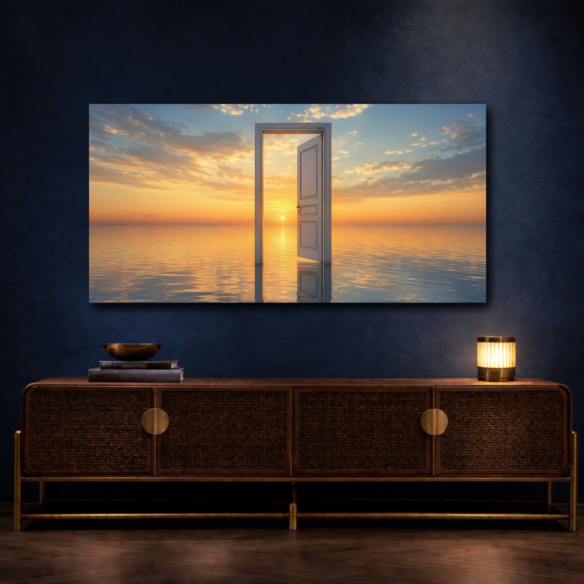 Mockup 4. Nature Open Door Orange And Blue shown as stretched canvas wall art