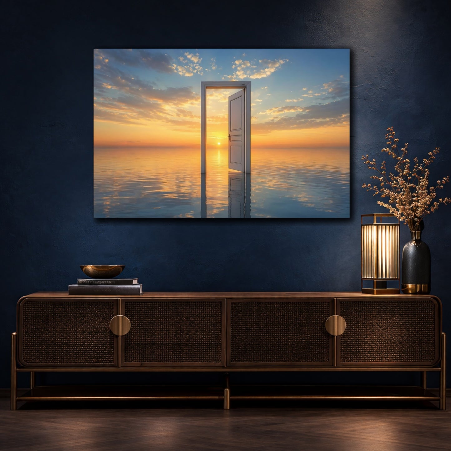 Mockup 4. Nature Open Door Orange And Blue shown as stretched canvas wall art