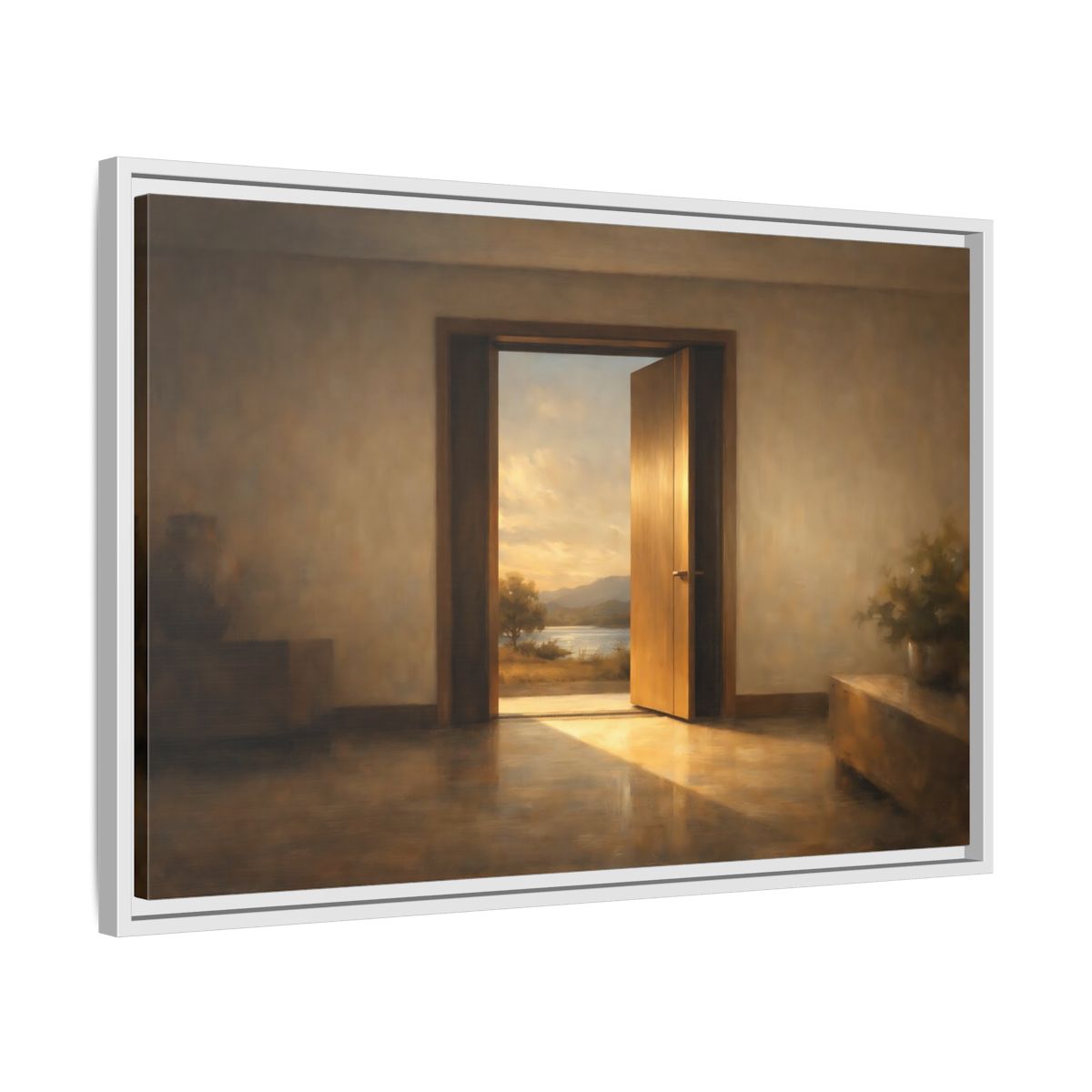 Side Mockup 10. Nature Open Door Warm Sunset Landscape shown as stretched canvas wall art