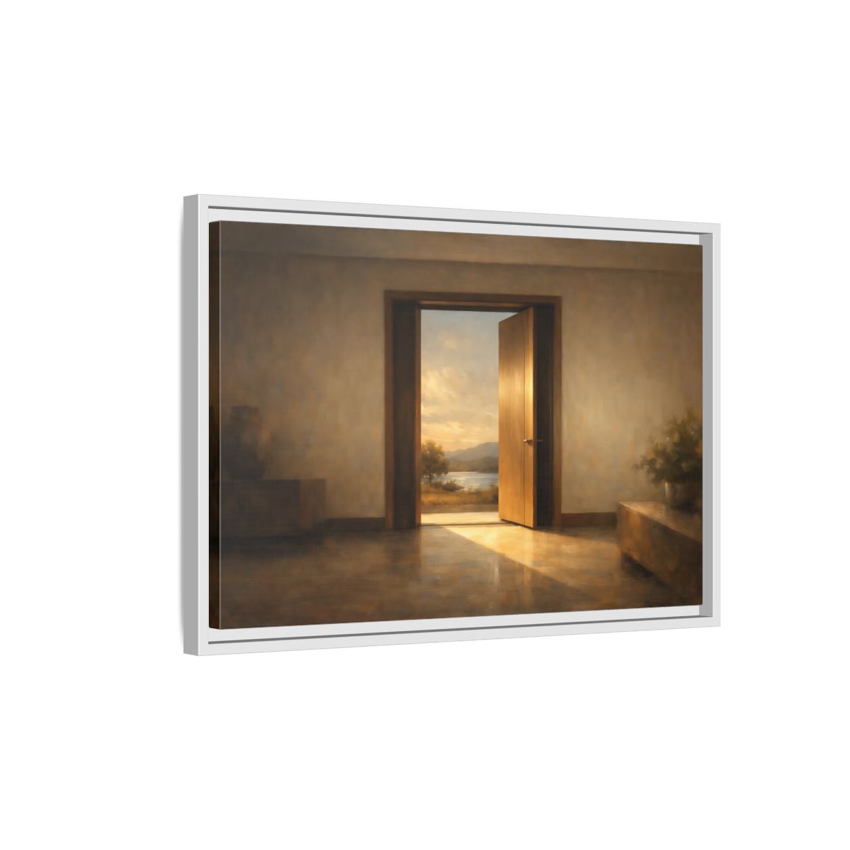 Side Mockup 1. Nature Open Door Warm Sunset Landscape shown as stretched canvas wall art