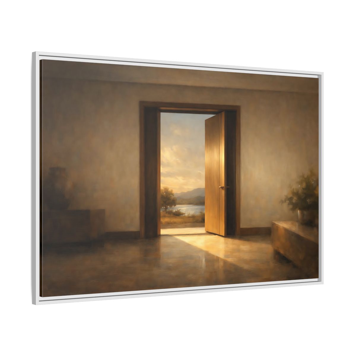 Side Mockup 7. Nature Open Door Warm Sunset Landscape shown as stretched canvas wall art