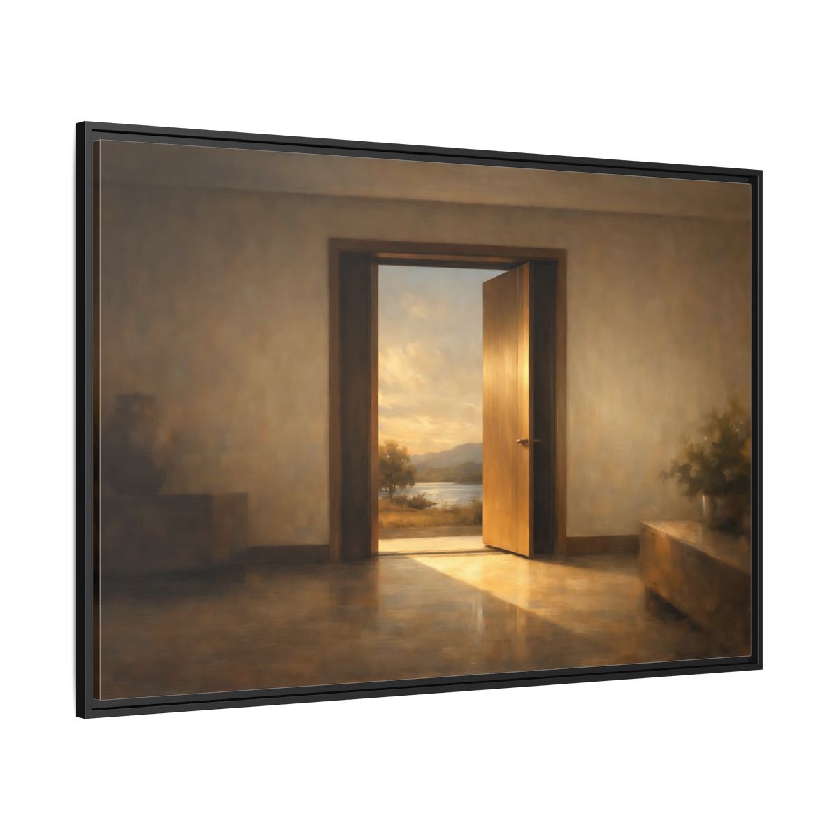 Side Mockup 12. Nature Open Door Warm Sunset Landscape shown as stretched canvas wall art