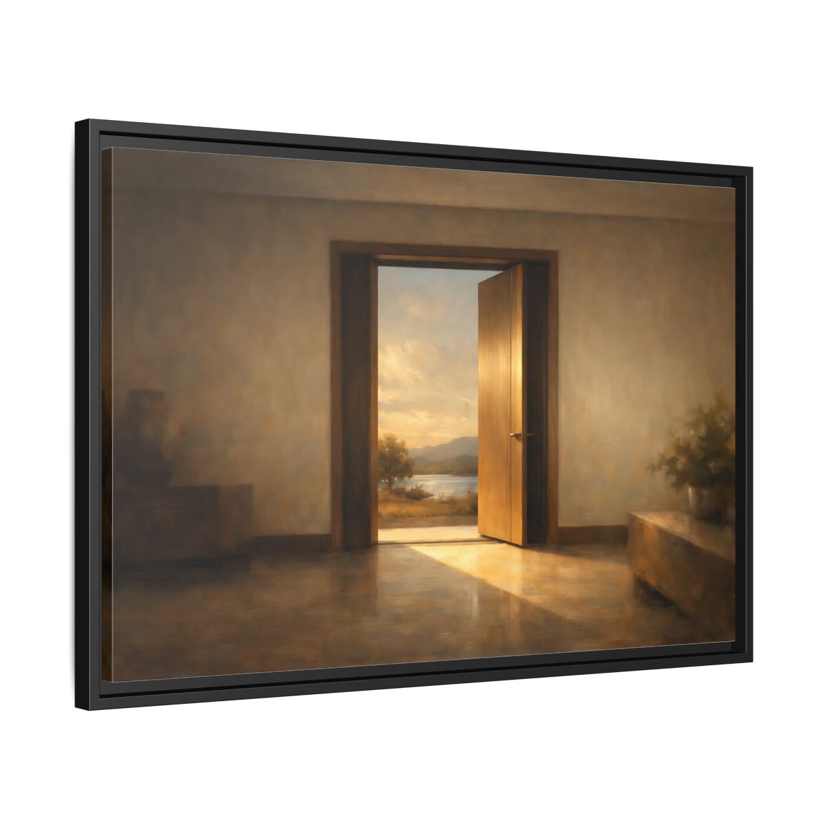 Side Mockup 14. Nature Open Door Warm Sunset Landscape shown as stretched canvas wall art