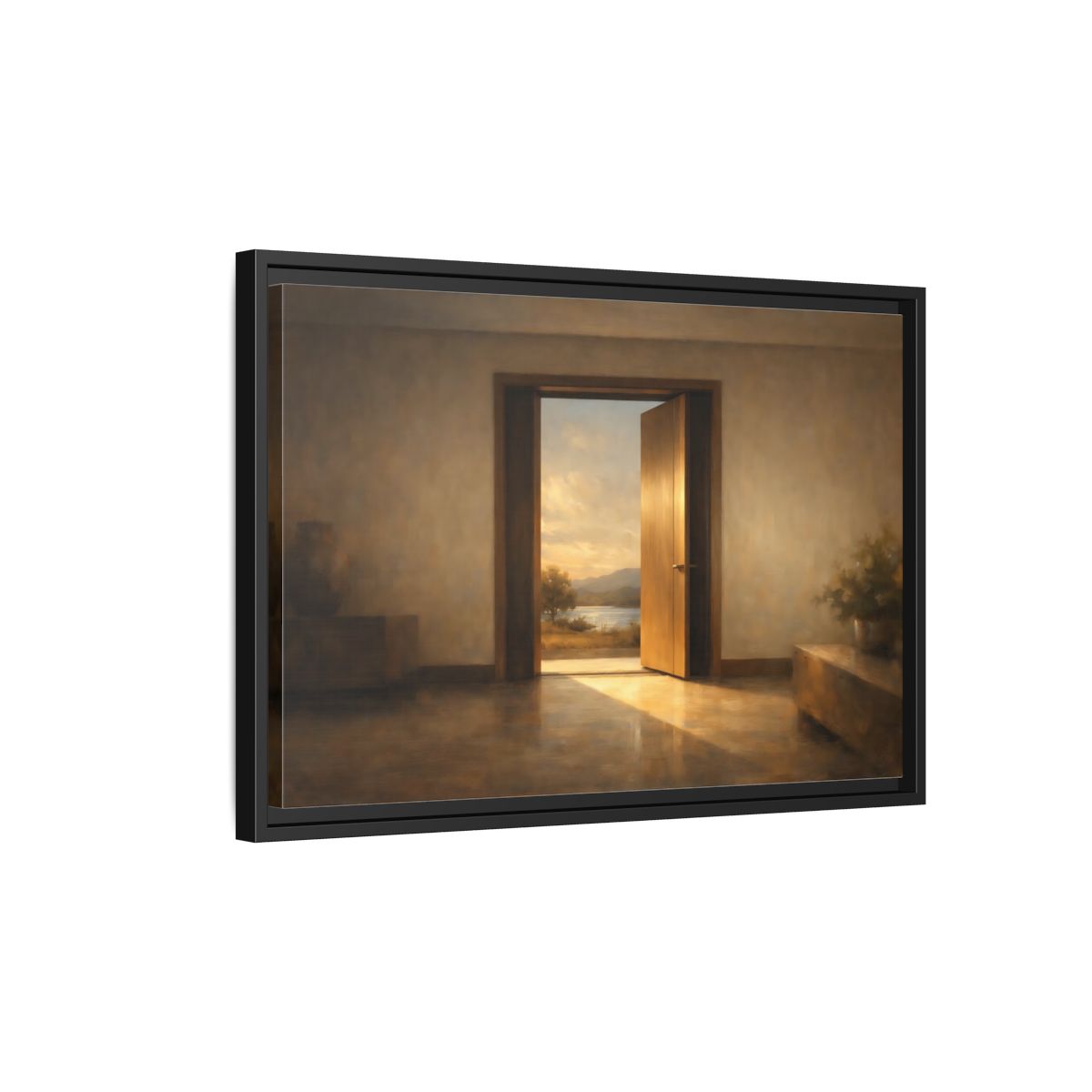 Side Mockup 3. Nature Open Door Warm Sunset Landscape shown as stretched canvas wall art
