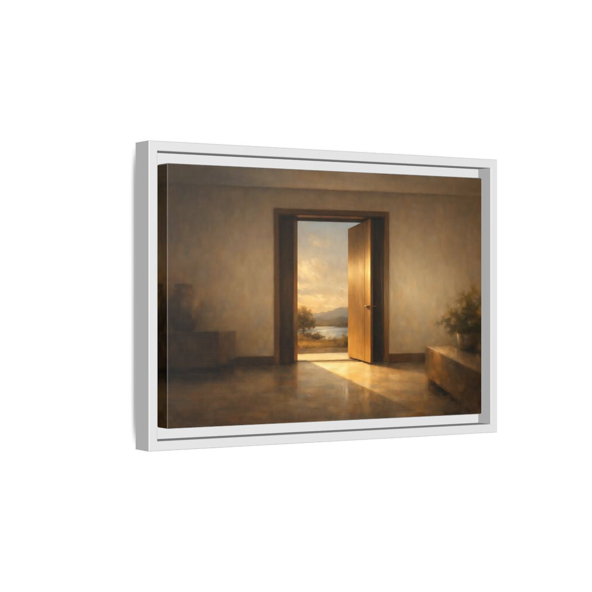 Side Mockup 4. Nature Open Door Warm Sunset Landscape shown as stretched canvas wall art