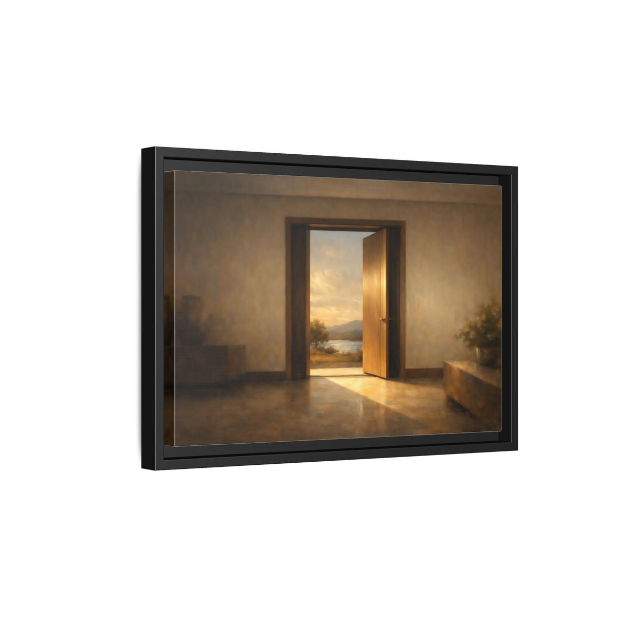 Side Mockup 6. Nature Open Door Warm Sunset Landscape shown as stretched canvas wall art
