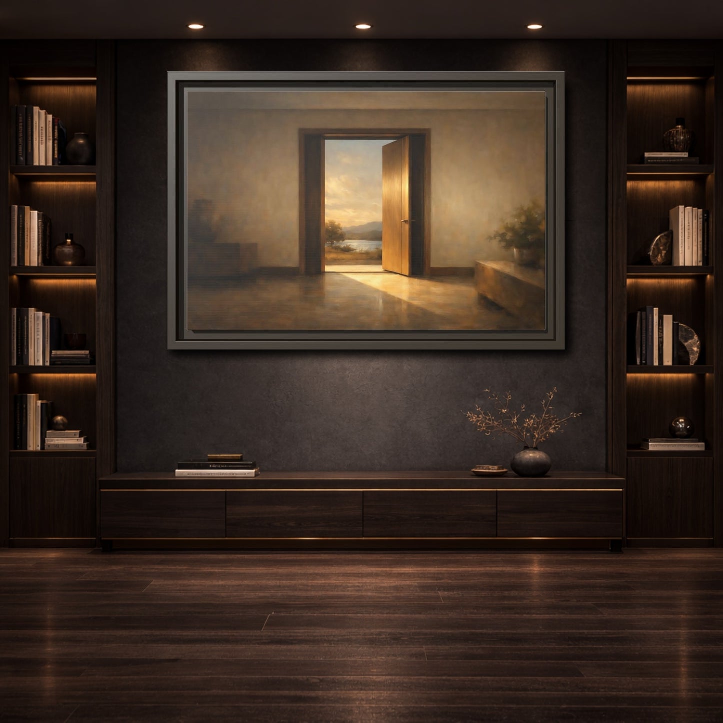 Mockup 3. Nature Open Door Warm Sunset Landscape shown as stretched canvas wall art