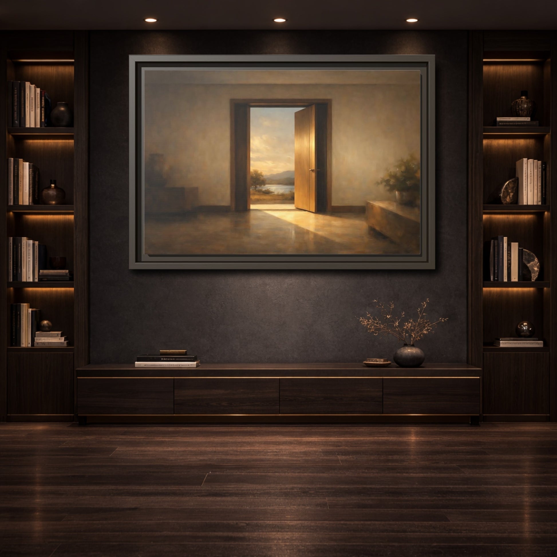 Mockup 3. Nature Open Door Warm Sunset Landscape shown as stretched canvas wall art