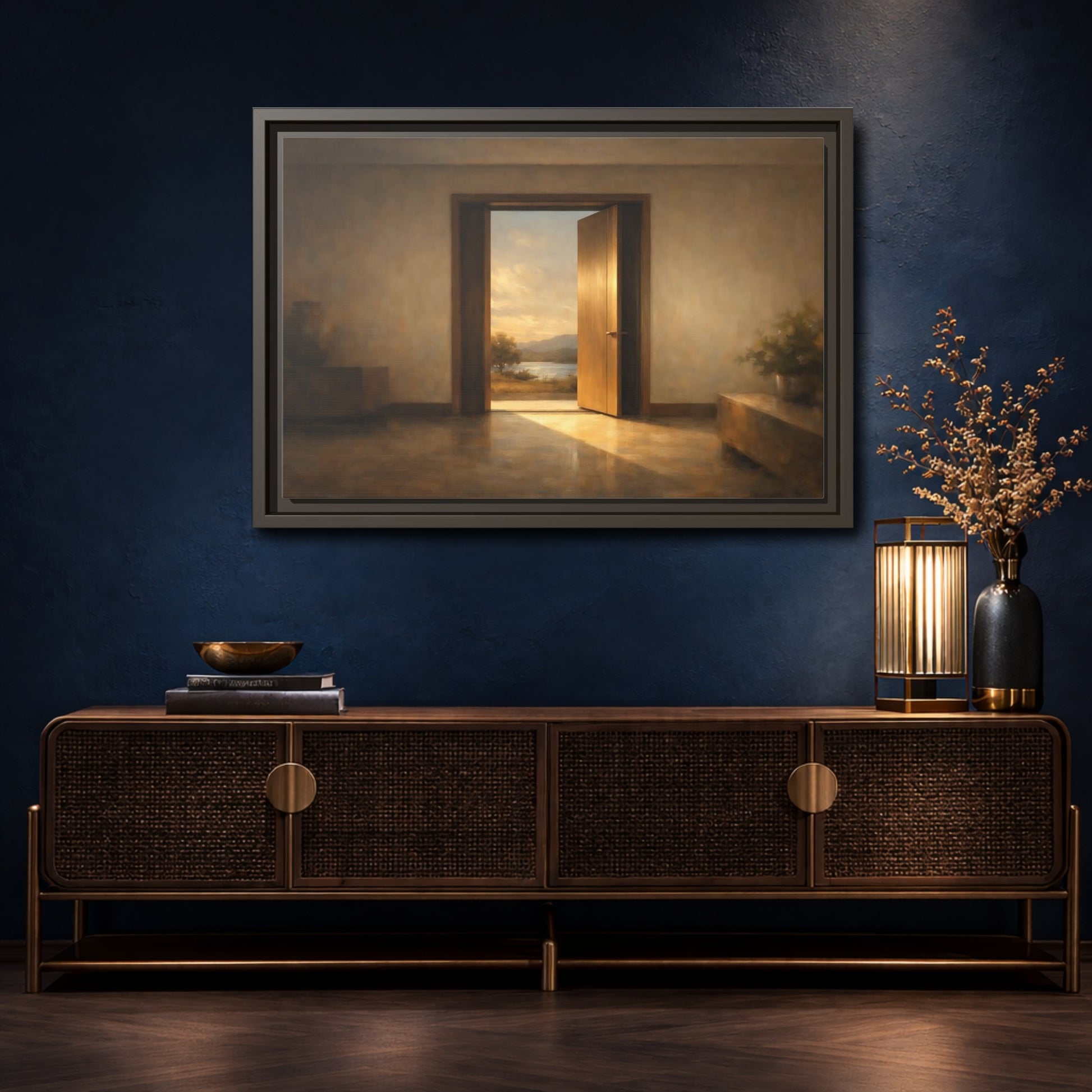 Mockup 4. Nature Open Door Warm Sunset Landscape shown as stretched canvas wall art