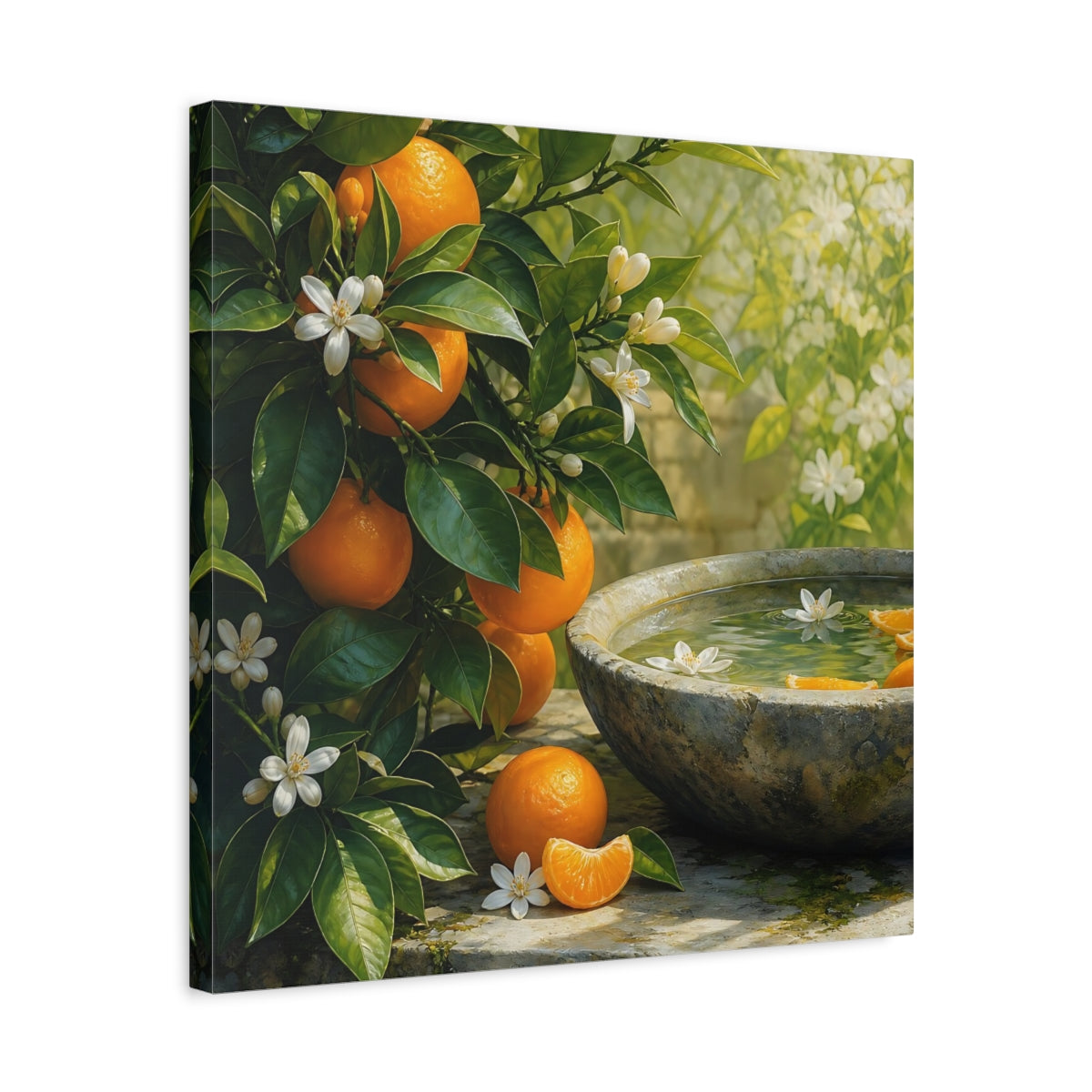 Side Mockup 5. Nature Orange Tree Orange Blossoms Garden shown as stretched canvas wall art