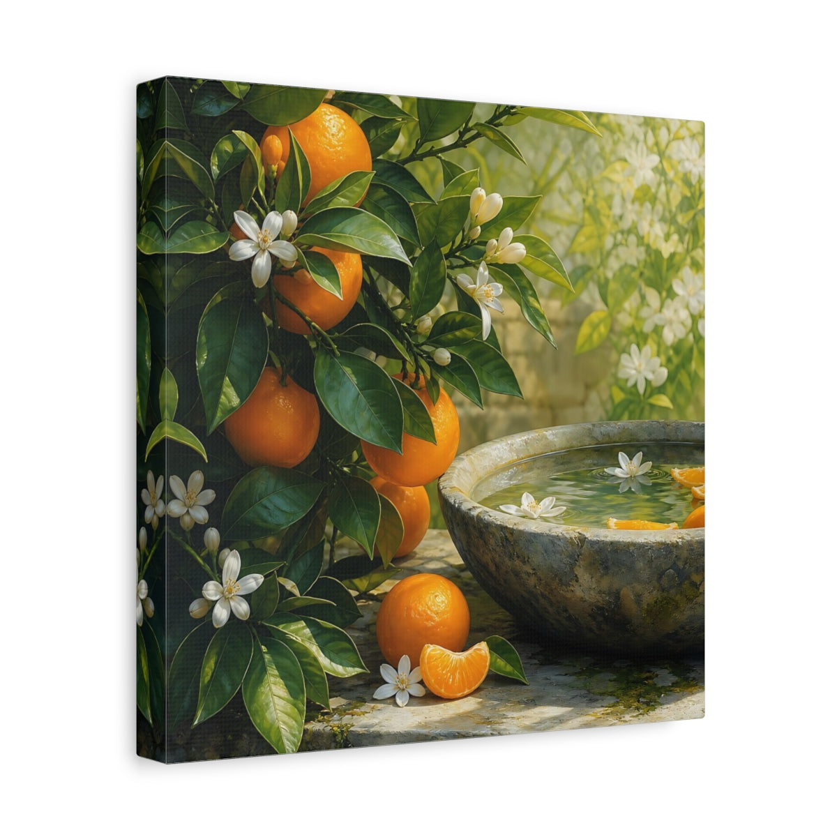 Side Mockup 8. Nature Orange Tree Orange Blossoms Garden shown as stretched canvas wall art