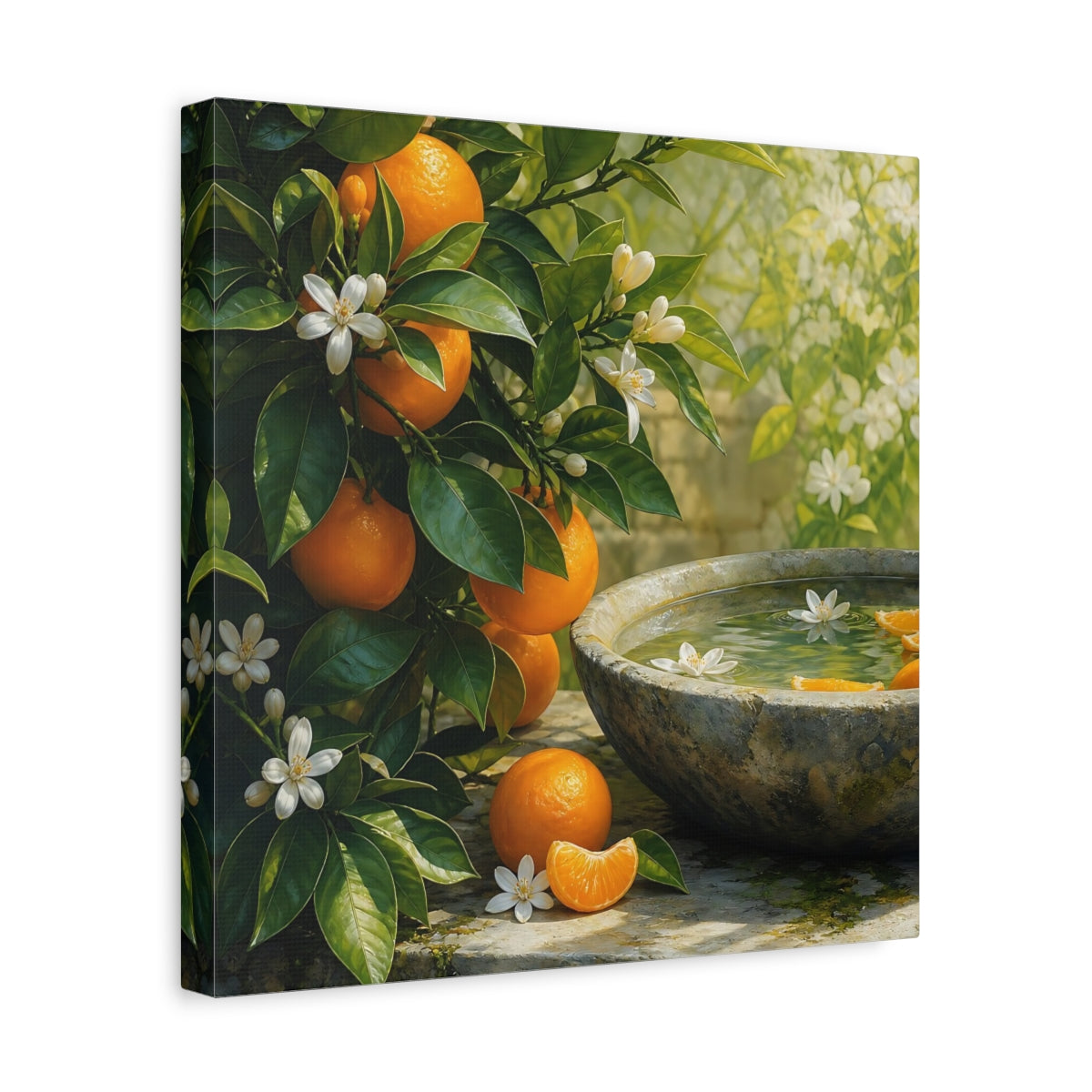 Side Mockup 7. Nature Orange Tree Orange Blossoms Garden shown as stretched canvas wall art