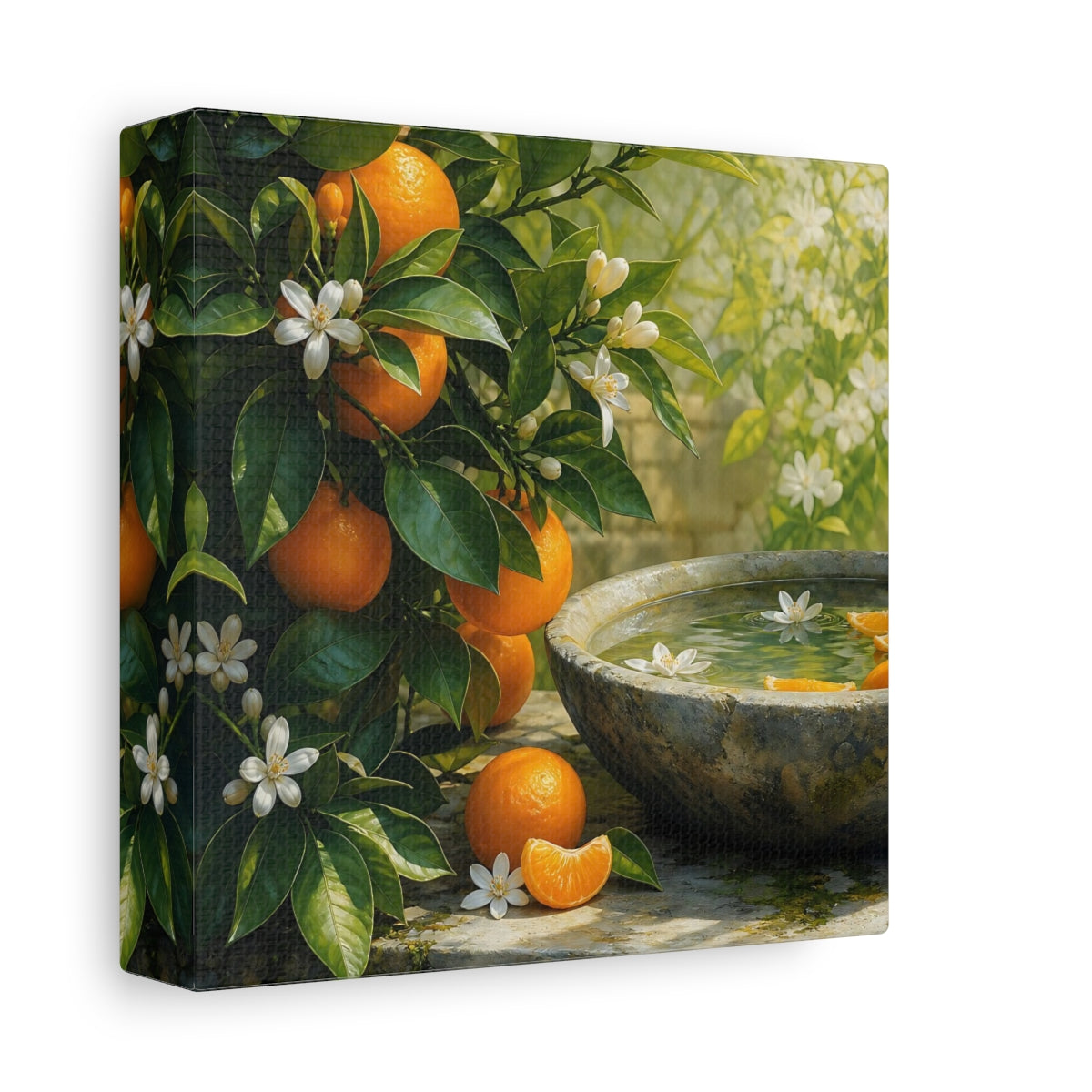 Side Mockup 2. Nature Orange Tree Orange Blossoms Garden shown as stretched canvas wall art