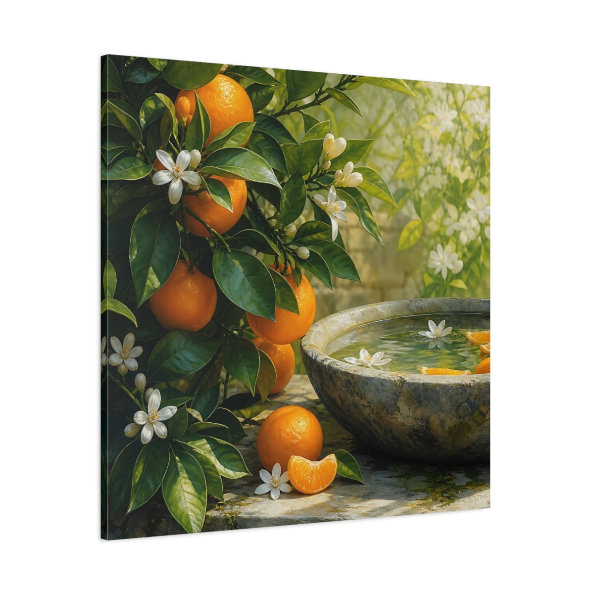 Side Mockup 1. Nature Orange Tree Orange Blossoms Garden shown as stretched canvas wall art