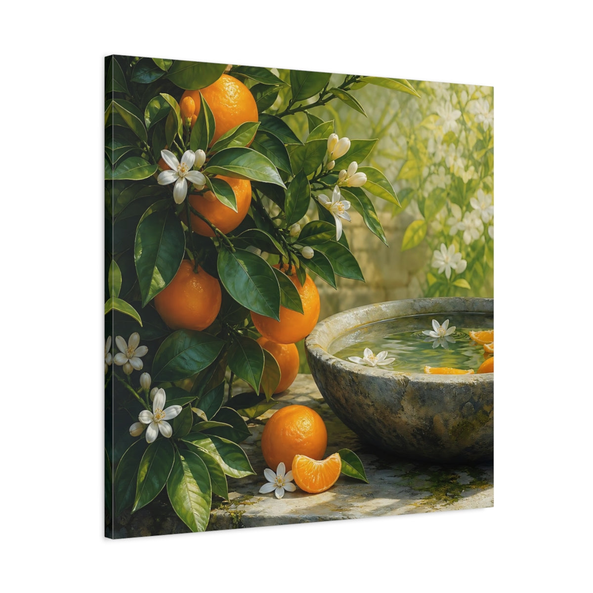 Side Mockup 3. Nature Orange Tree Orange Blossoms Garden shown as stretched canvas wall art