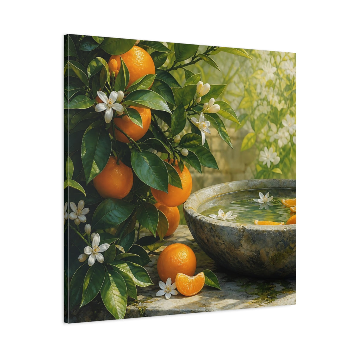 Main Mockup. Nature Orange Tree Orange Blossoms Garden shown as stretched canvas wall art
