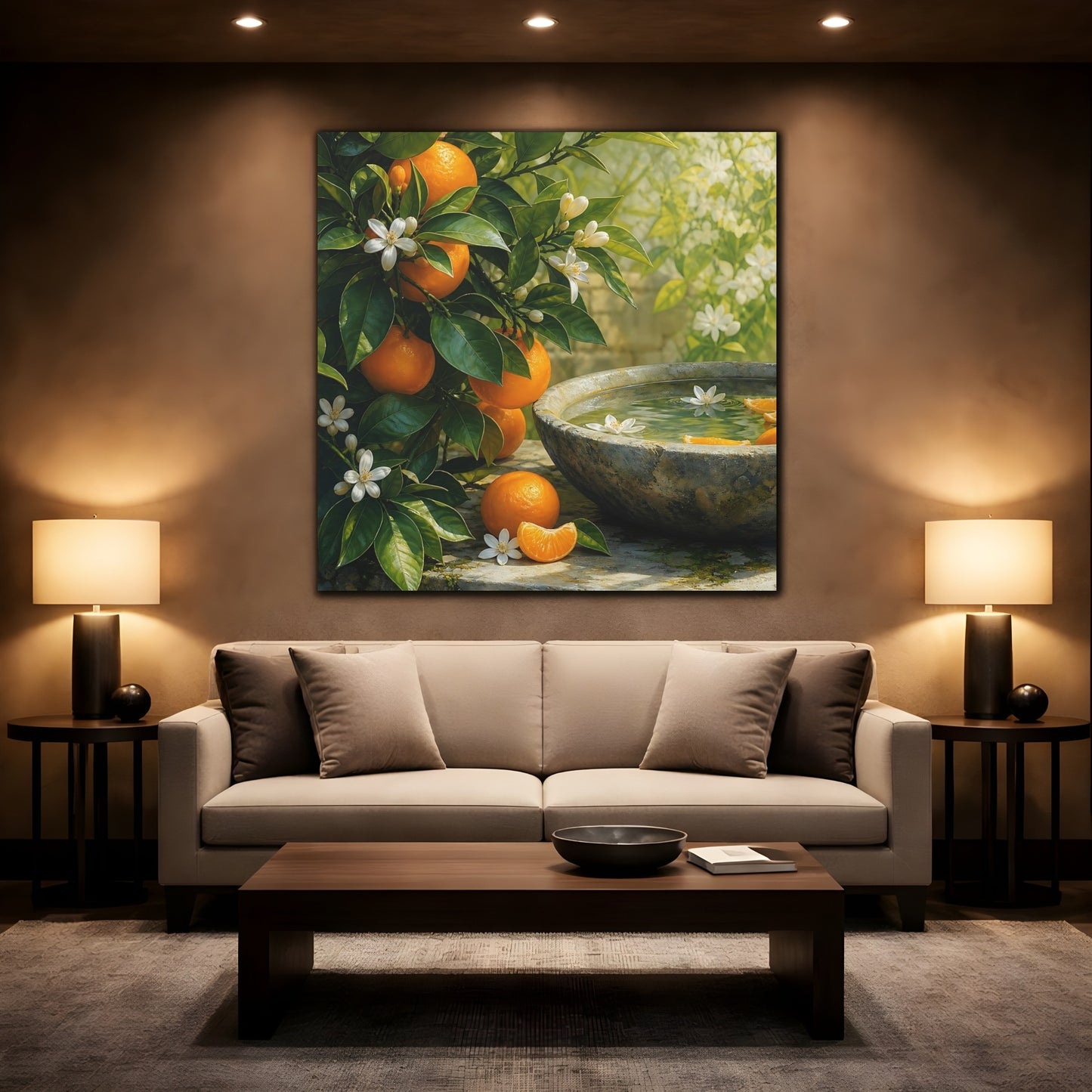 Mockup 2. Nature Orange Tree Orange Blossoms Garden shown as stretched canvas wall art
