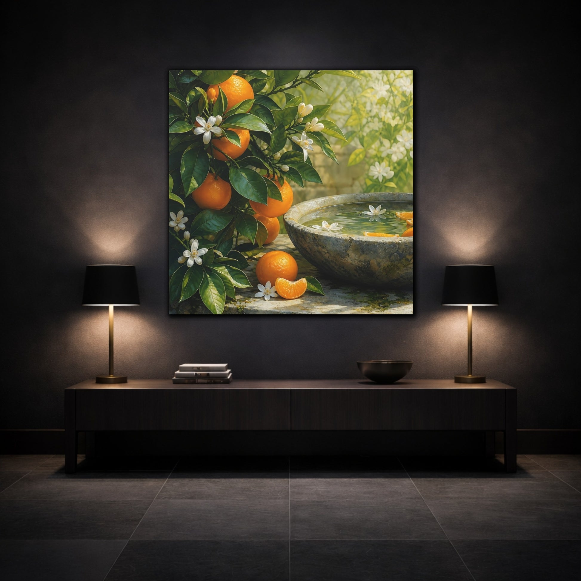 Mockup 3. Nature Orange Tree Orange Blossoms Garden shown as stretched canvas wall art