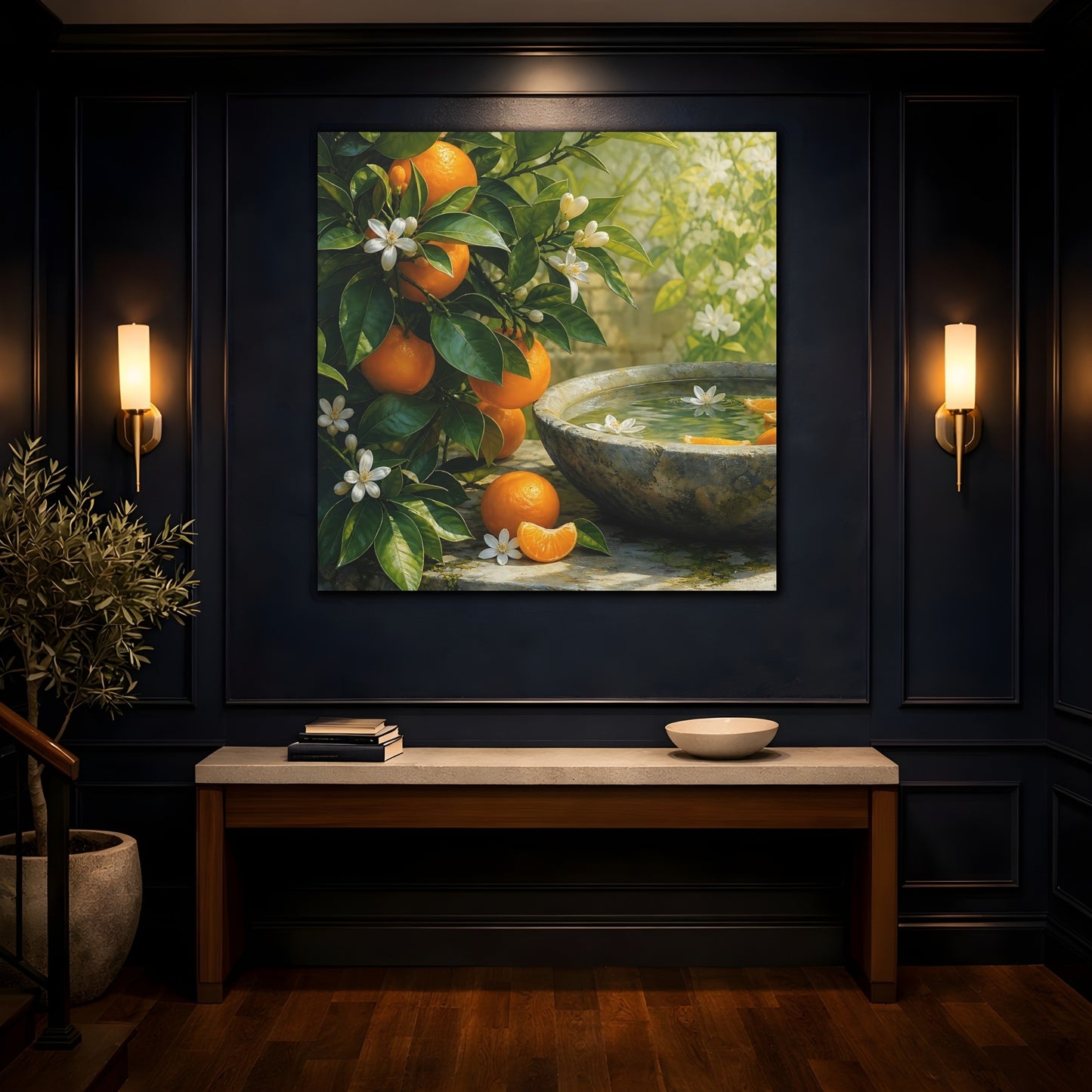 Mockup 4. Nature Orange Tree Orange Blossoms Garden shown as stretched canvas wall art