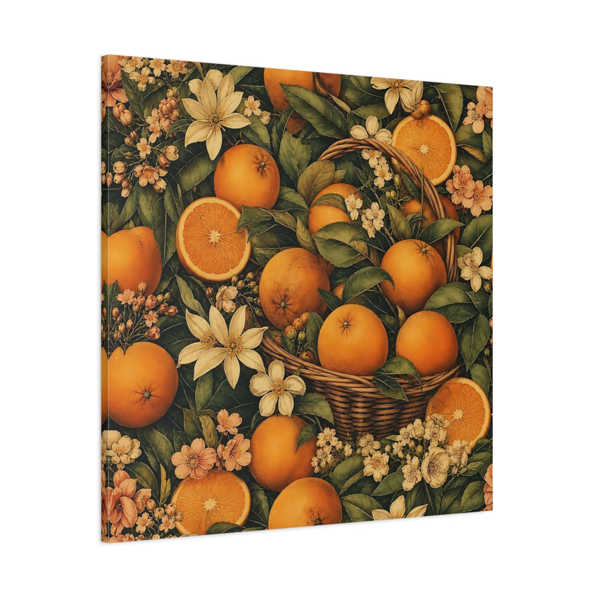 Side Mockup 1. Nature Oranges Orange And Green shown as stretched canvas wall art