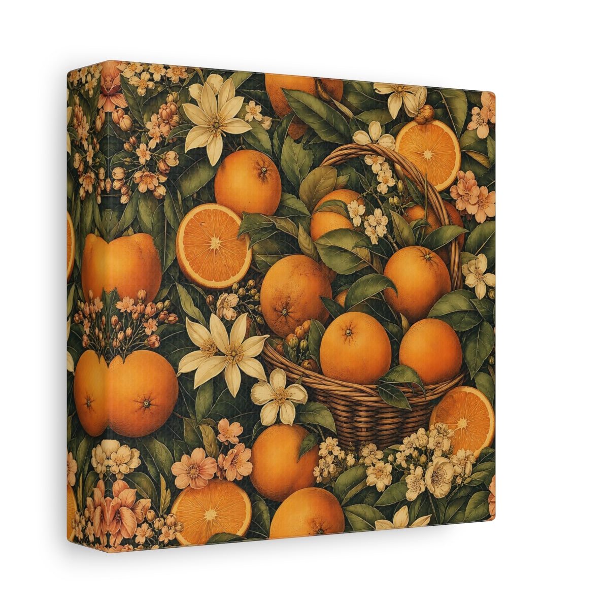 Side Mockup 2. Nature Oranges Orange And Green shown as stretched canvas wall art