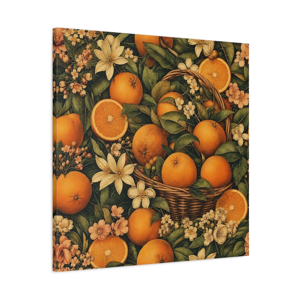 Side Mockup 3. Nature Oranges Orange And Green shown as stretched canvas wall art