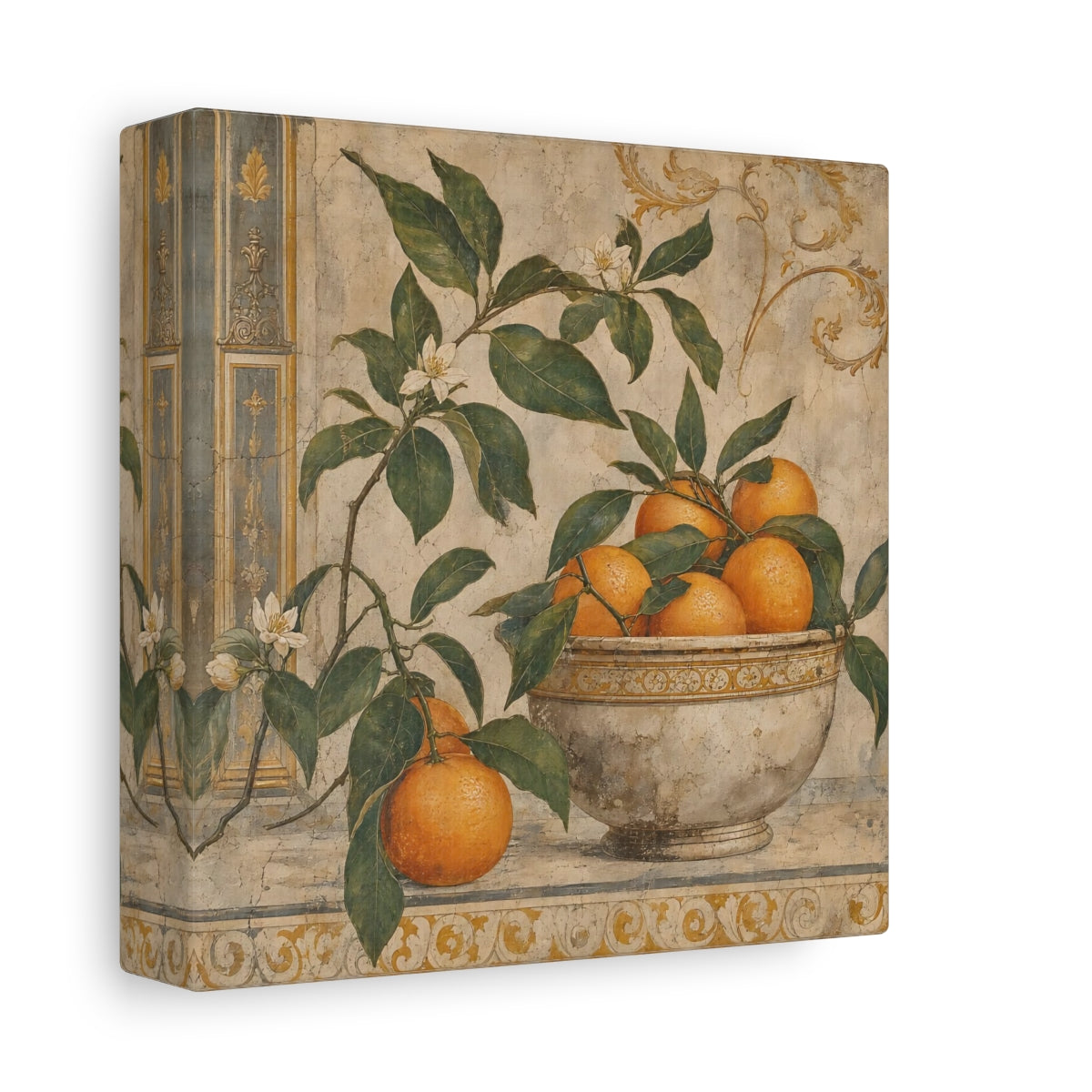 Side Mockup 2. Nature Oranges Orange And Green shown as stretched canvas wall art