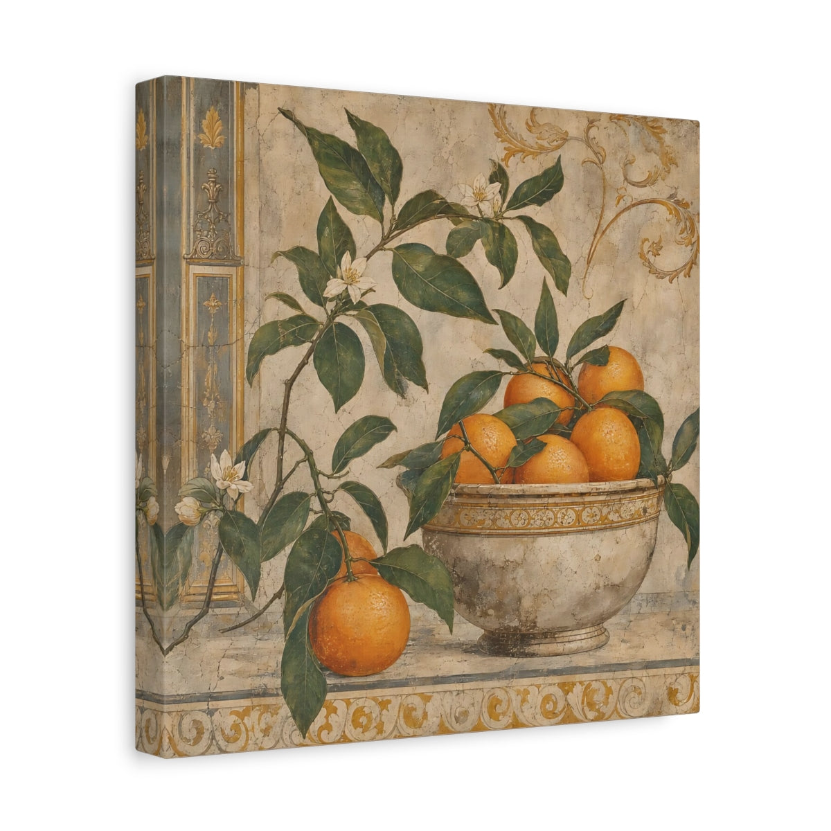 Side Mockup 8. Nature Oranges Orange And Green shown as stretched canvas wall art