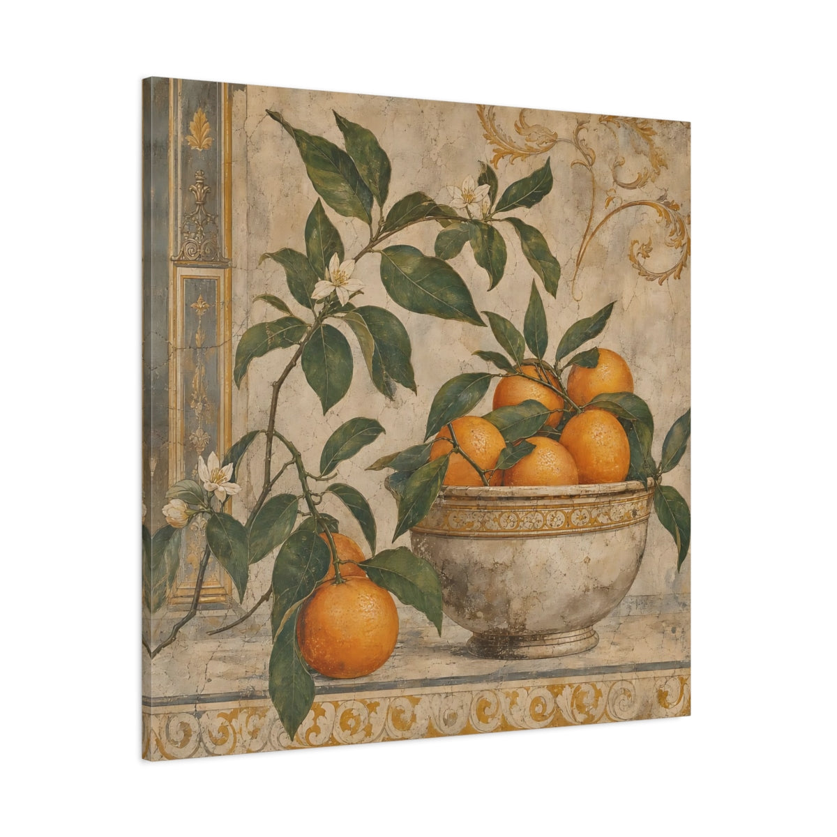 Side Mockup 1. Nature Oranges Orange And Green shown as stretched canvas wall art