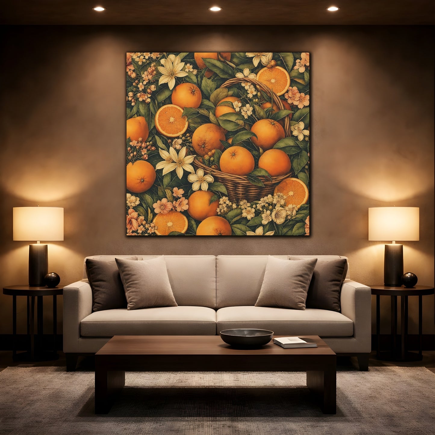 Mockup 2. Nature Oranges Orange And Green shown as stretched canvas wall art