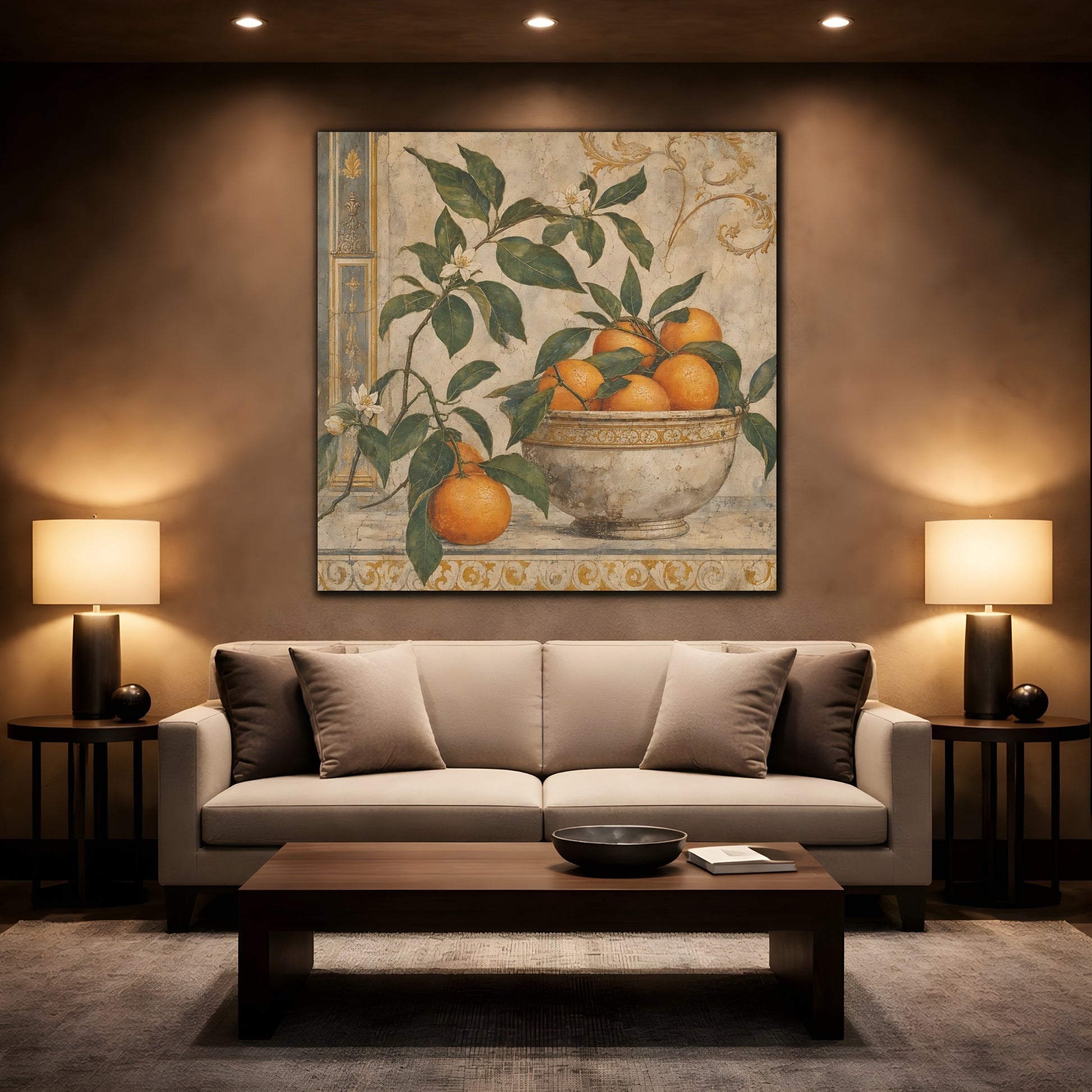 Mockup 2. Nature Oranges Orange And Green shown as stretched canvas wall art
