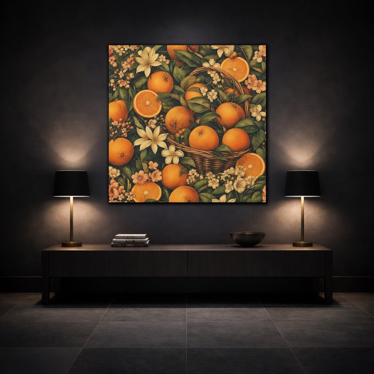 Mockup 3. Nature Oranges Orange And Green shown as stretched canvas wall art