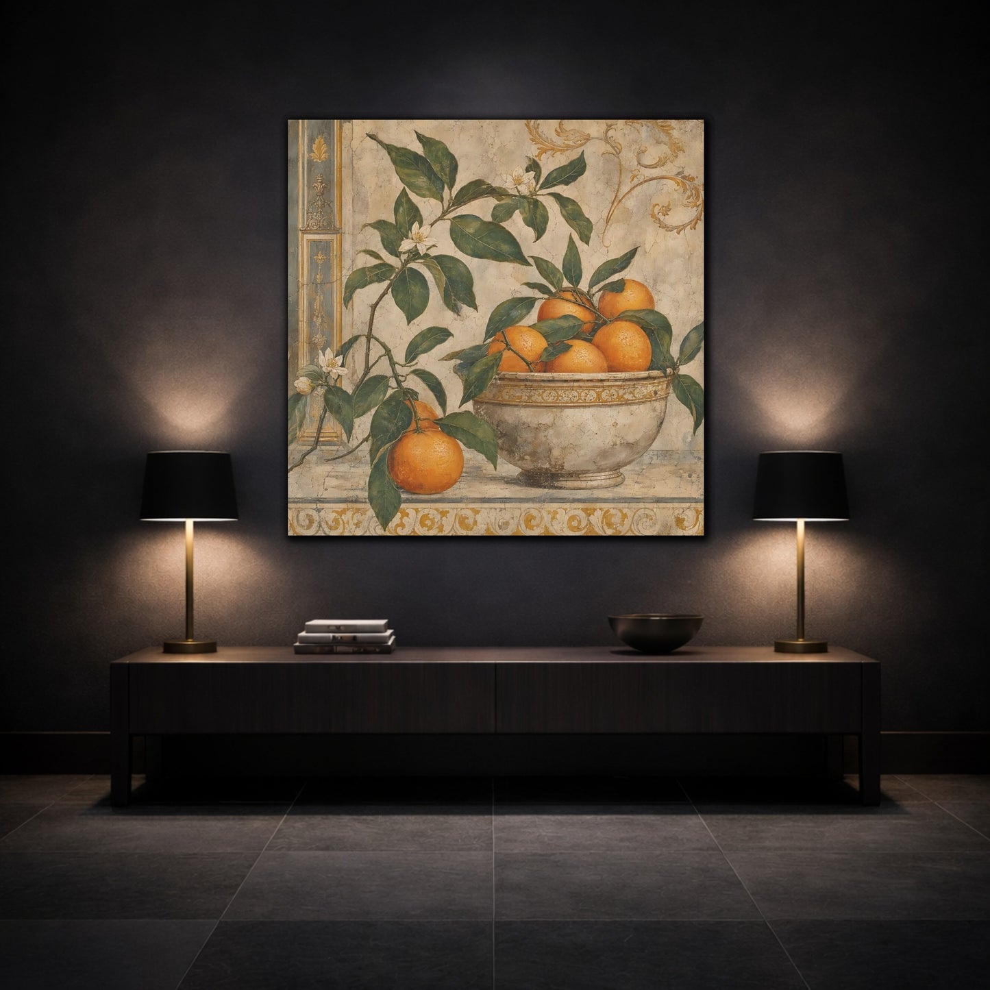 Mockup 3. Nature Oranges Orange And Green shown as stretched canvas wall art