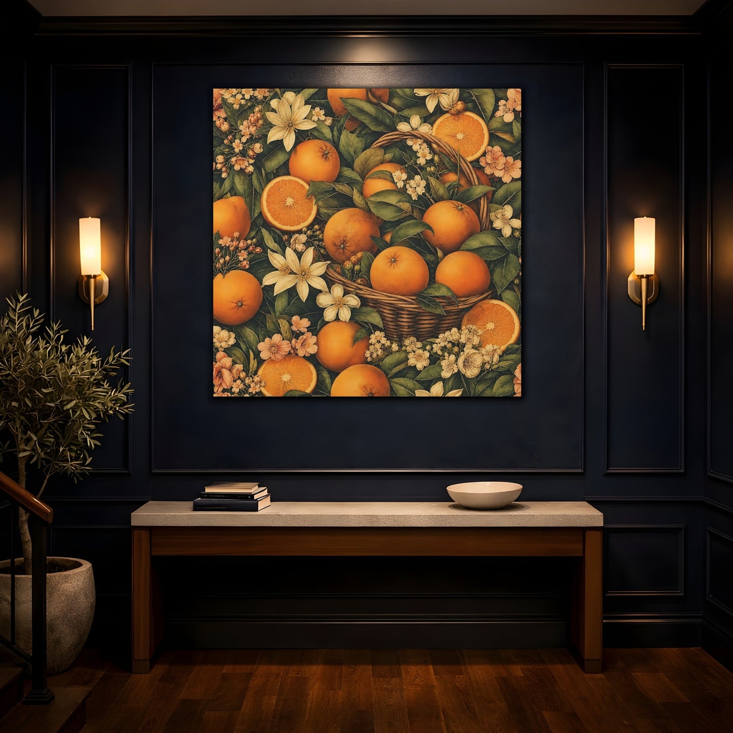 Mockup 4. Nature Oranges Orange And Green shown as stretched canvas wall art