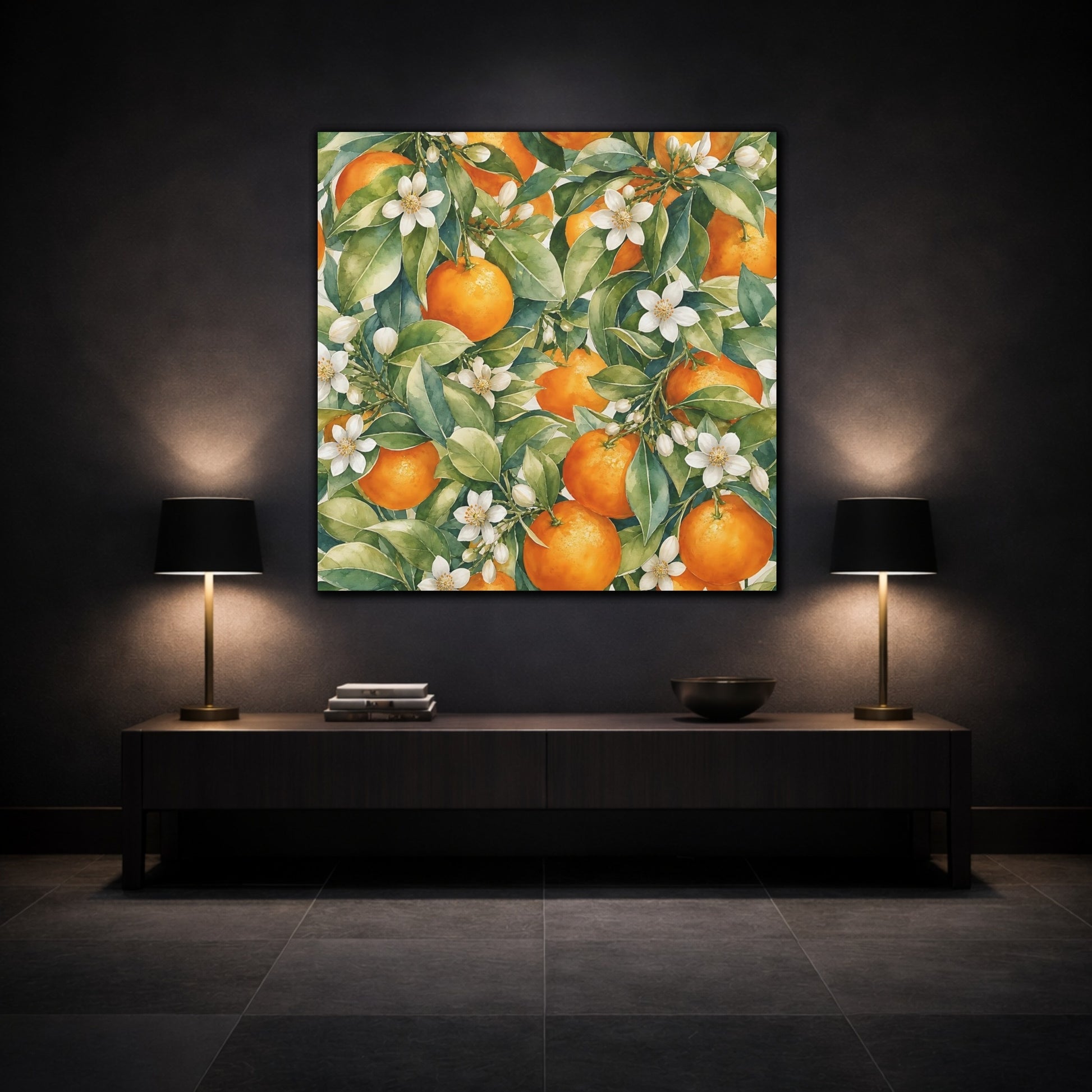 Mockup 3. Nature Oranges Orange Botanical shown as stretched canvas wall art