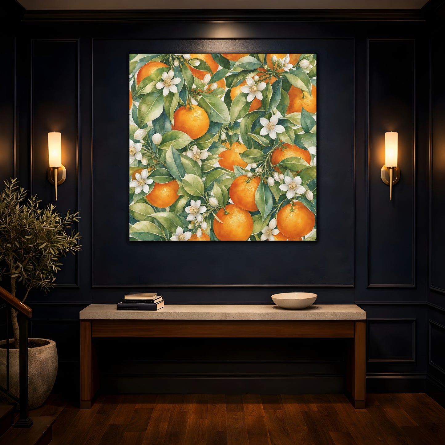 Mockup 4. Nature Oranges Orange Botanical shown as stretched canvas wall art