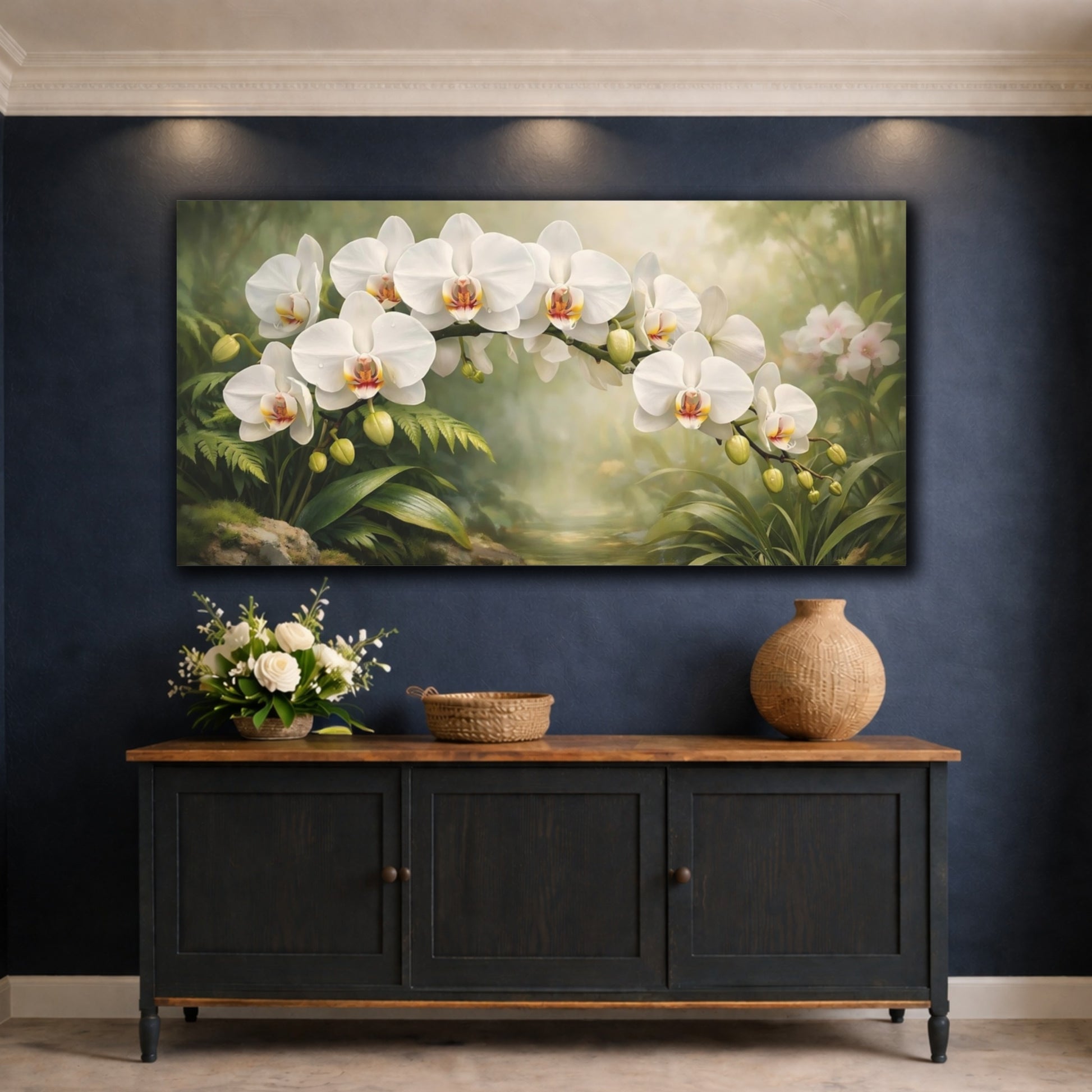 Mockup 4. Nature Orchid Flowers White Orchid shown as stretched canvas wall art