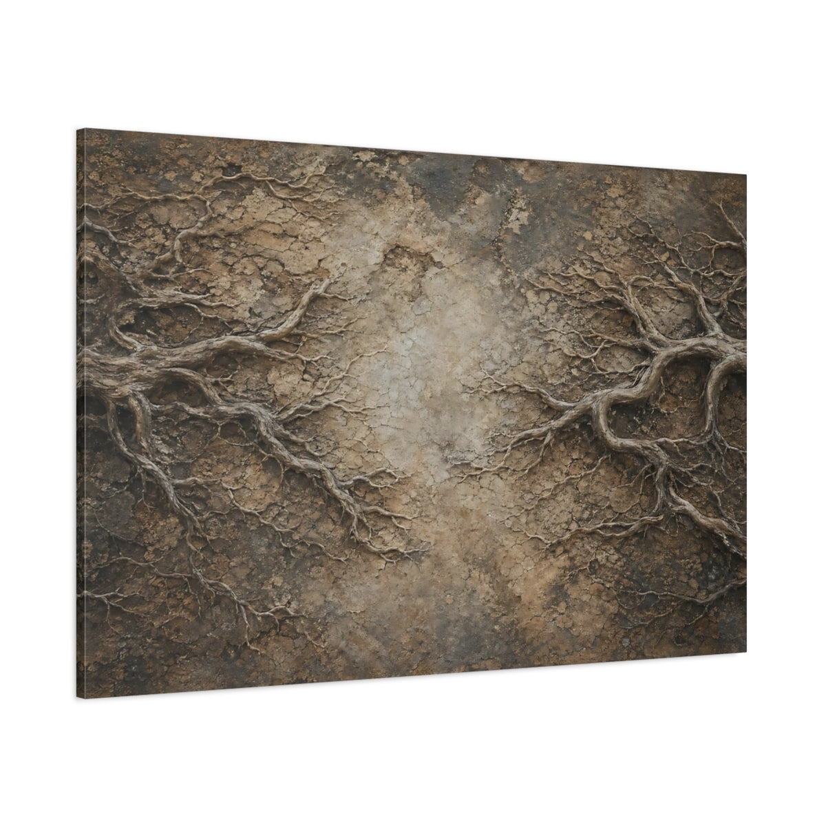 Side Mockup 1. Nature Organic Roots Brown And Beige shown as stretched canvas wall art
