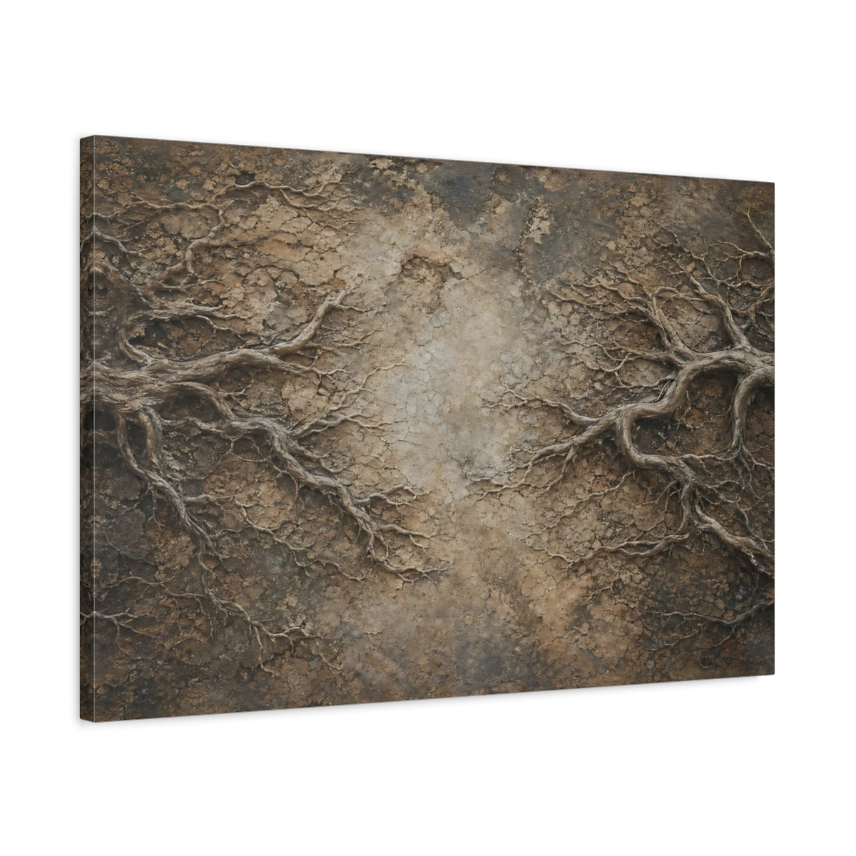 Side Mockup 2. Nature Organic Roots Brown And Beige shown as stretched canvas wall art