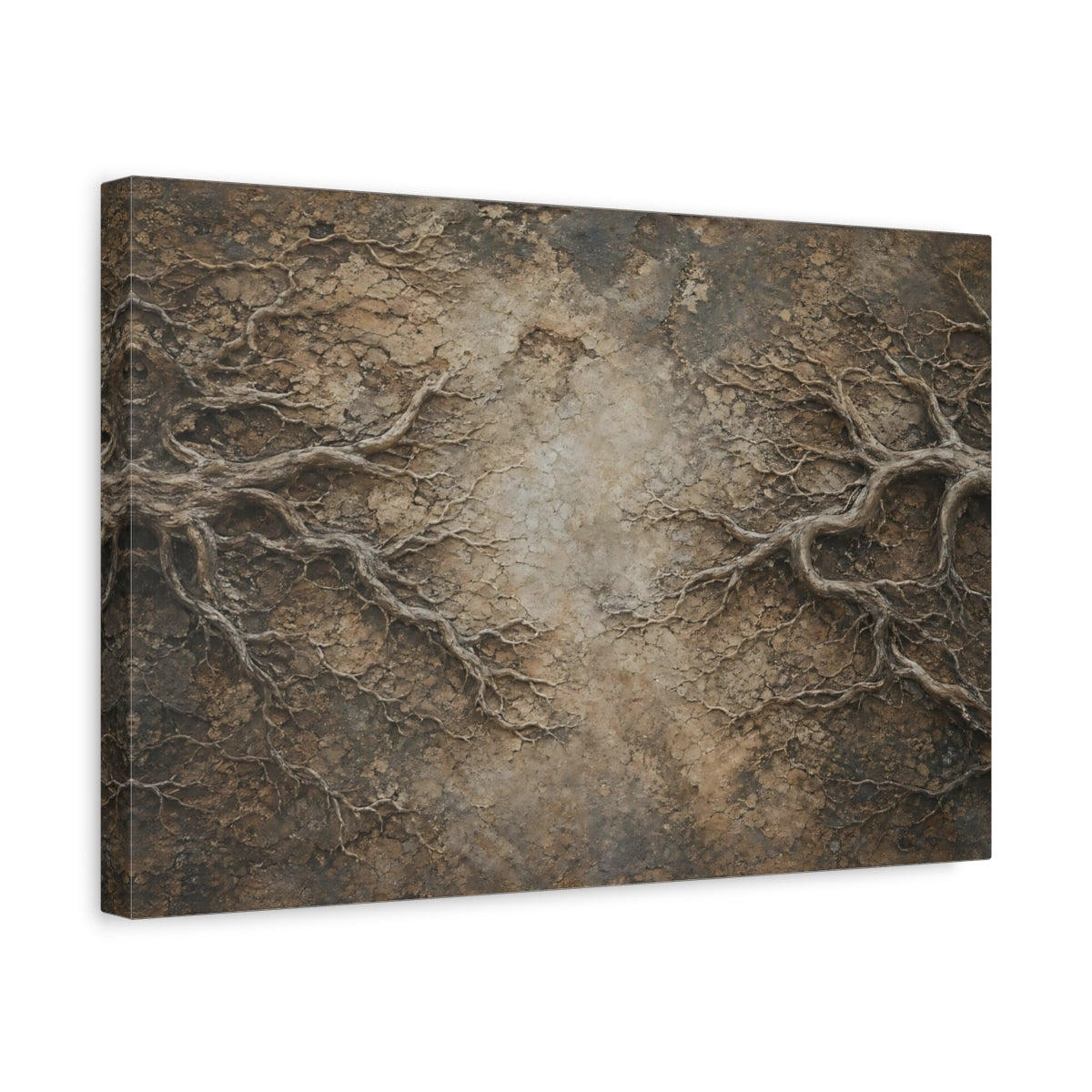 Side Mockup 4. Nature Organic Roots Brown And Beige shown as stretched canvas wall art