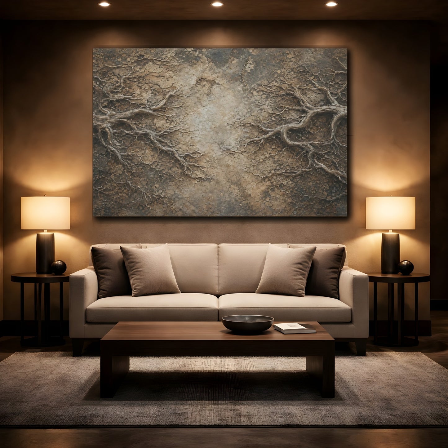 Mockup 2. Nature Organic Roots Brown And Beige shown as stretched canvas wall art