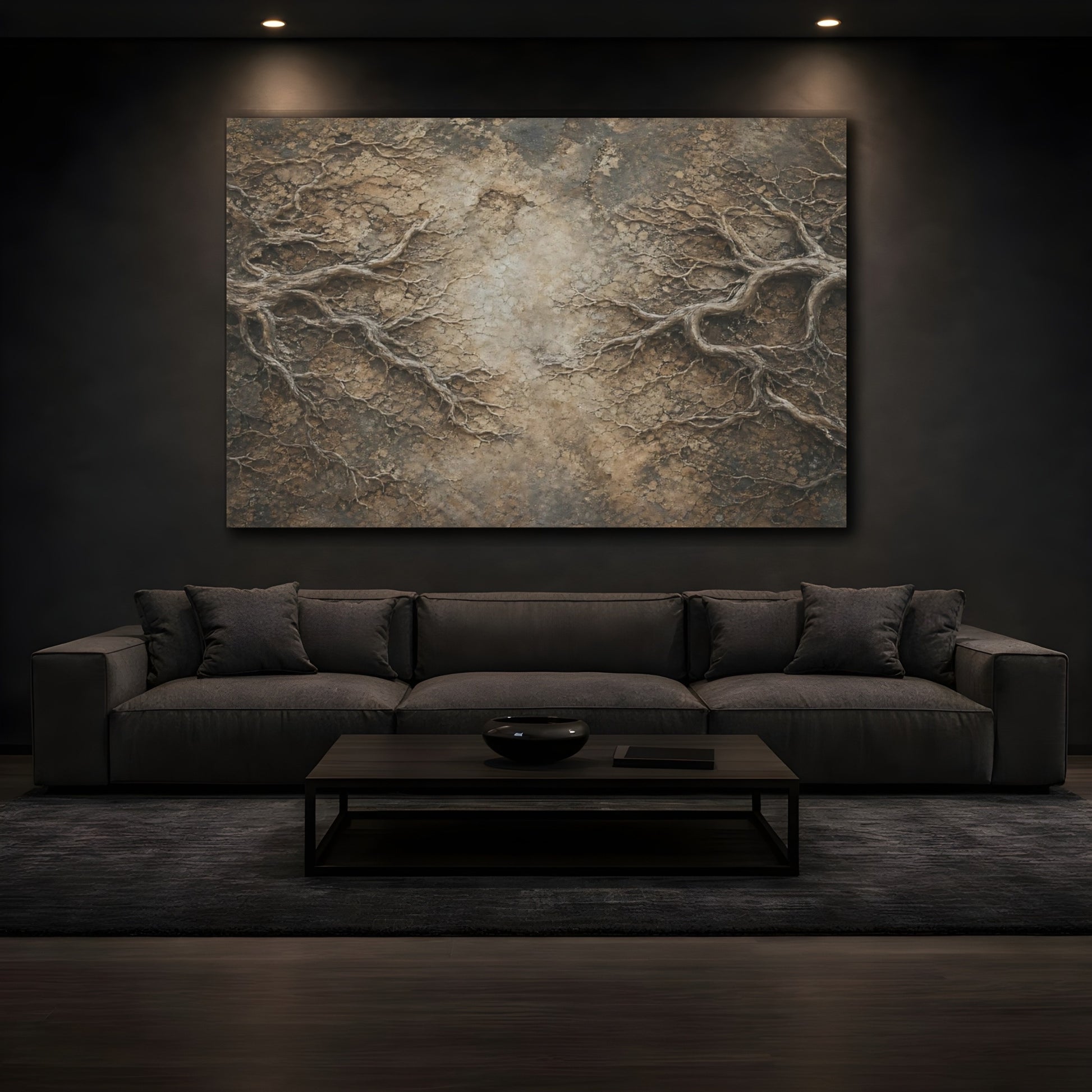 Mockup 3. Nature Organic Roots Brown And Beige shown as stretched canvas wall art