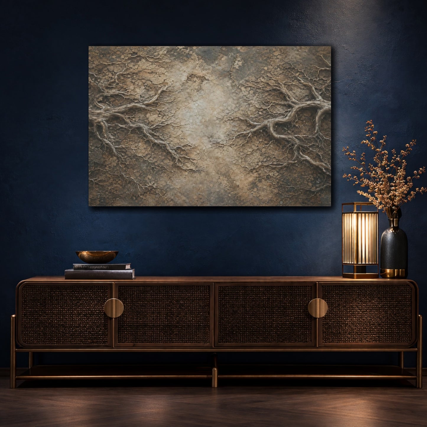 Mockup 4. Nature Organic Roots Brown And Beige shown as stretched canvas wall art