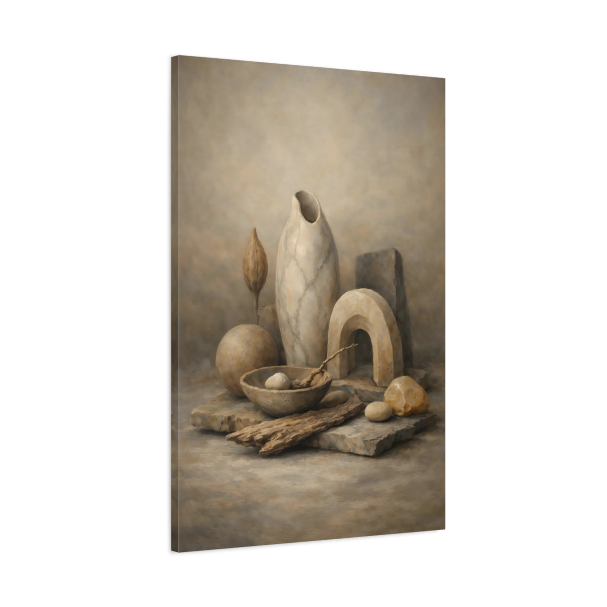 Side Mockup 1. Nature Organic Still Life Neutral Tones Still Life shown as stretched canvas wall art