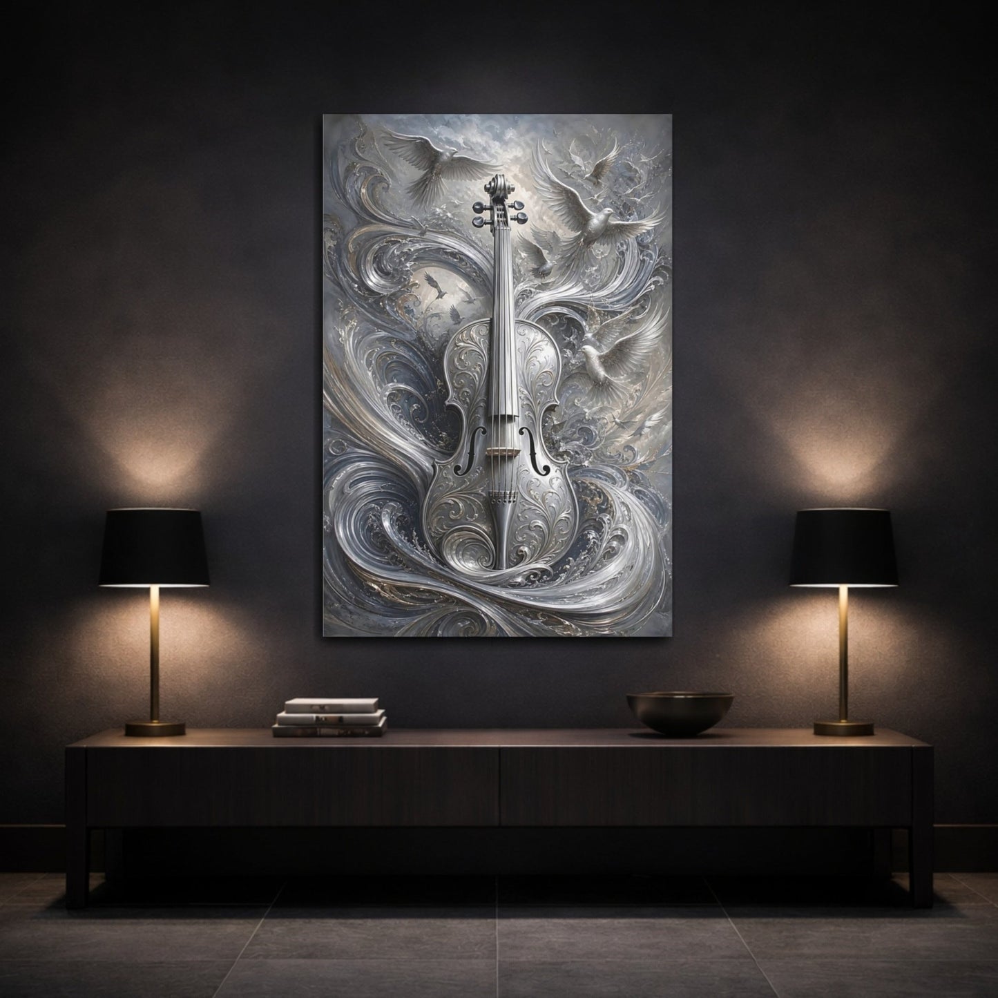 Nature Ornate Violin Silver Art Canvas Print – Decor for Living Room, Above Console Table - YesArtYes