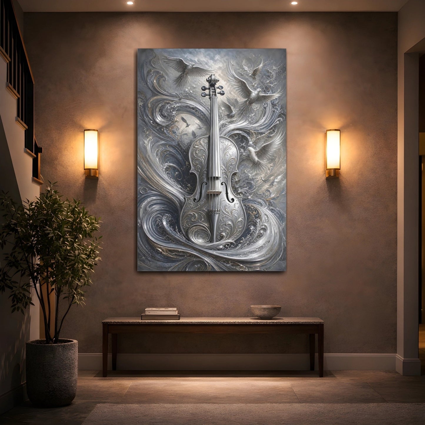 Nature Ornate Violin Silver Art Canvas Print – Decor for Living Room, Above Console Table - YesArtYes