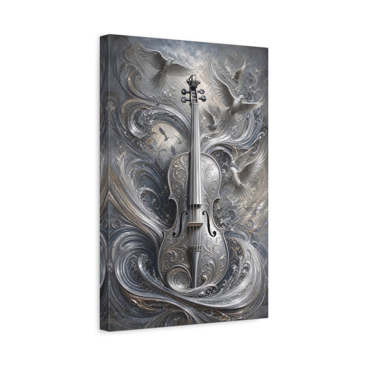 Nature Ornate Violin Silver Art Canvas Print – Decor for Living Room, Above Console Table - YesArtYes