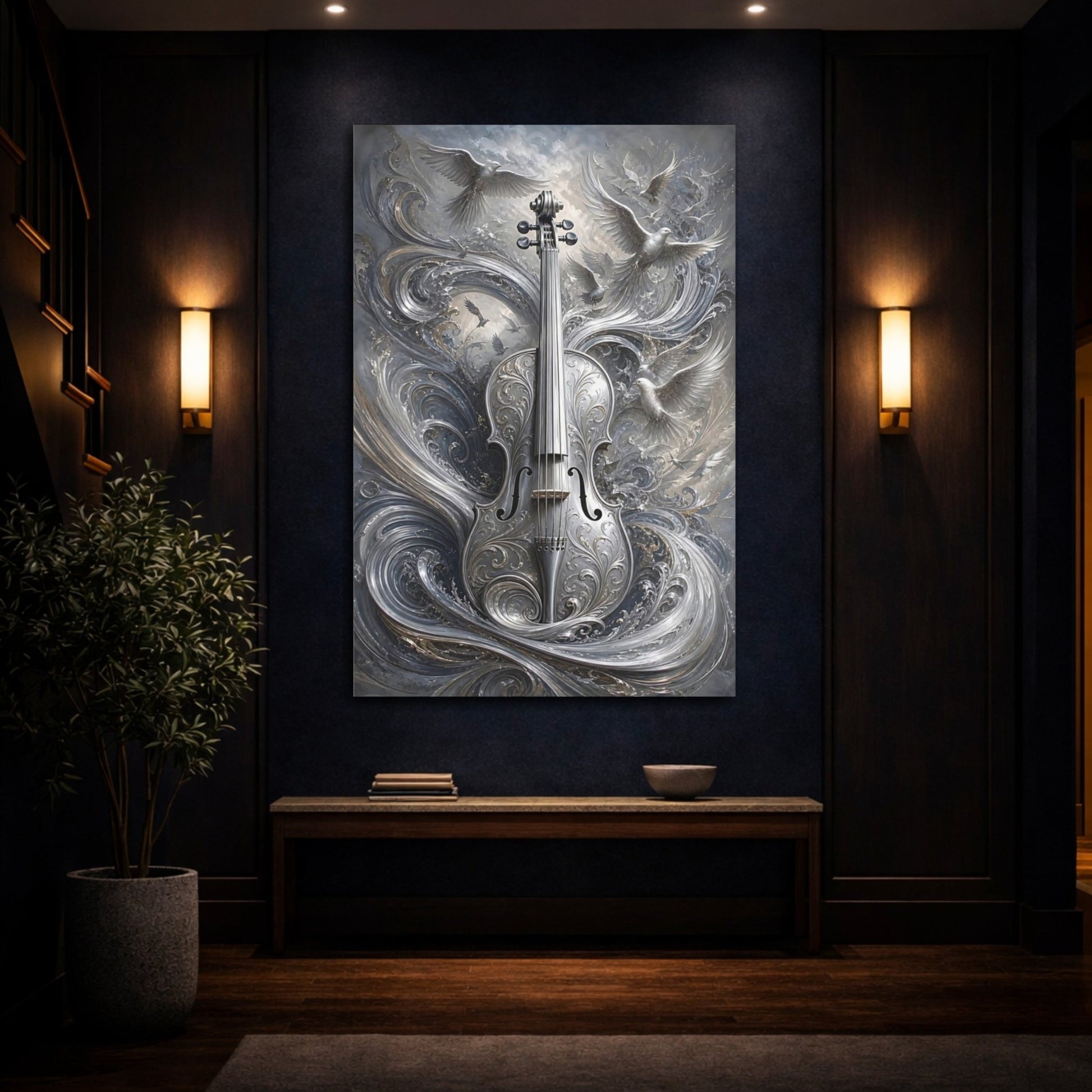 Nature Ornate Violin Silver Art Canvas Print – Decor for Living Room, Above Console Table - YesArtYes