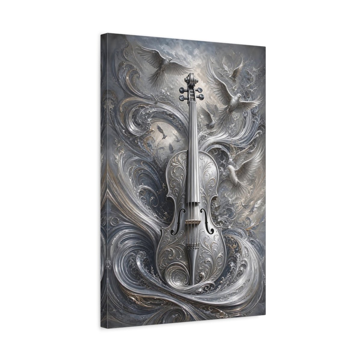 Nature Ornate Violin Silver Art Canvas Print – Decor for Living Room, Above Console Table - YesArtYes